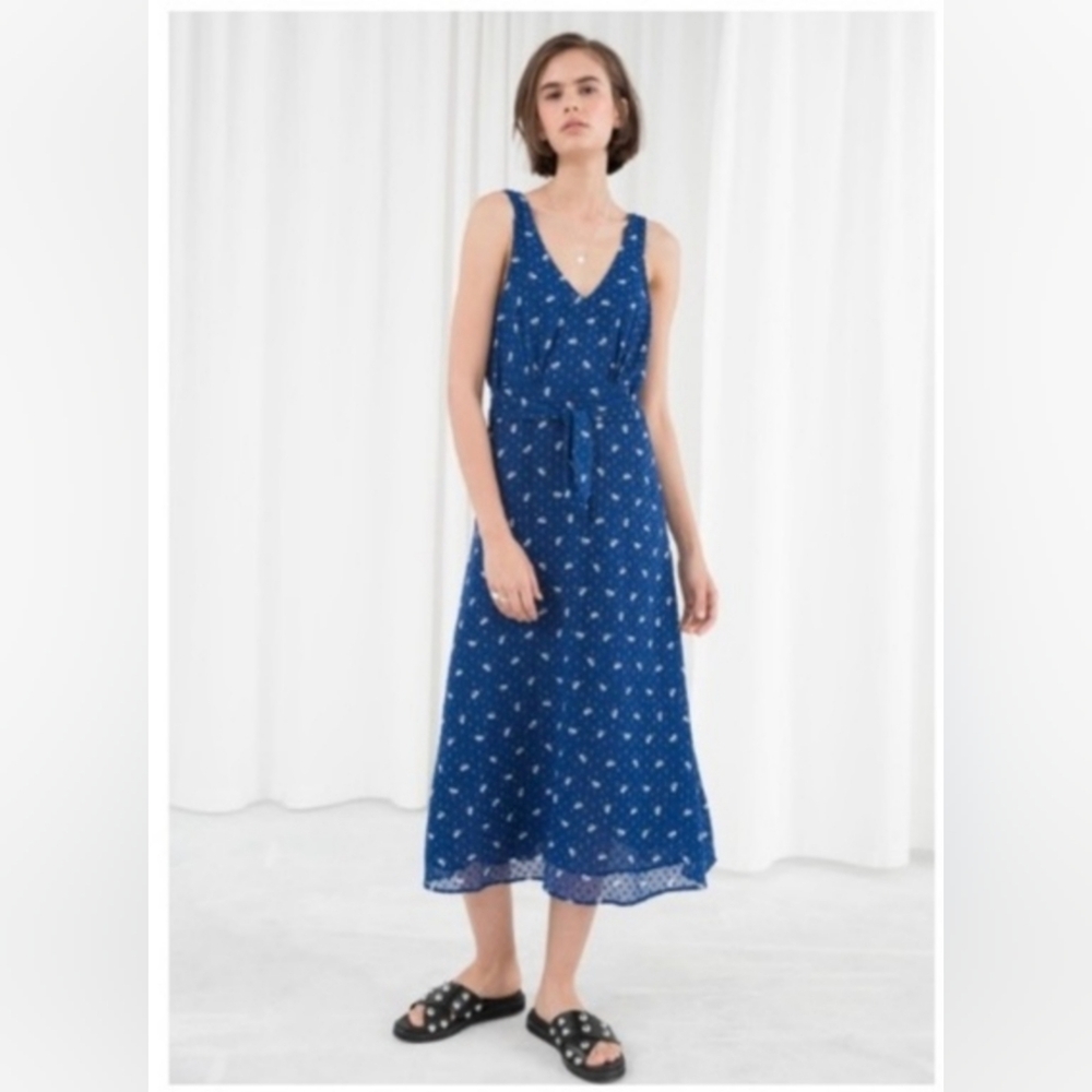 & Other Stories Blue & White Ditsy Floral Swiss Dot Midi Dress